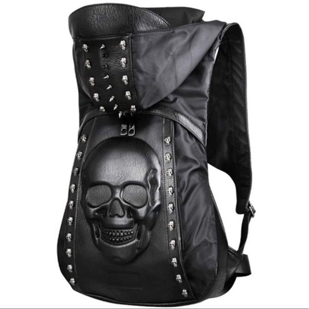 3D Skull Leather Backpack Rivets with Hood Cap - Picture 1 of 8